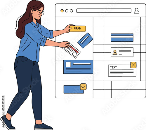 Vector illustration of a woman dragging and dropping UI components (button, card, text block) into a web layout grid, floating elements.eps