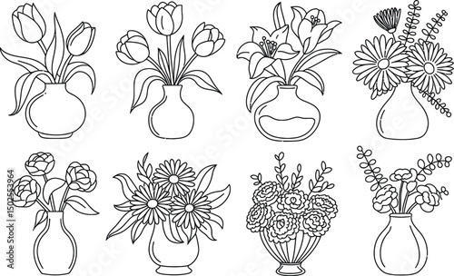 Collection of various flower bouquets in vases simple black and white outlines