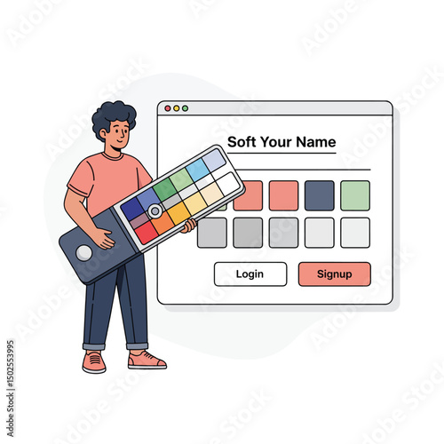 Man holding a giant color picker tool while standing next to a website mockup, very few elements ? only color palette, header,.eps