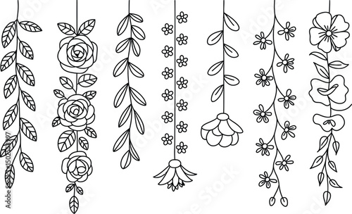 Hanging floral doodles vector set of delicate botanical line art elements isolated