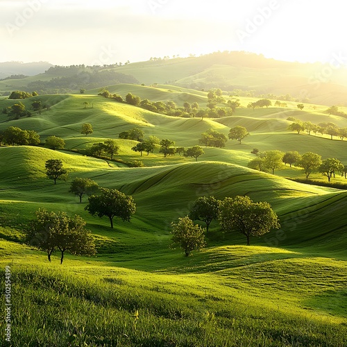 Verdant rolling hills bathed in the morning sunlight create a serene and idyllic landscape with scattered trees dotting the picturesque countryside vista.
