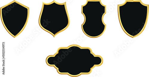 Set of gold frame shields, collection of gold labels, badges and banners vector elements