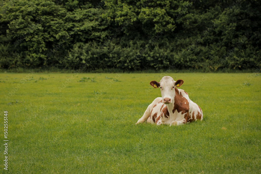 Cow looking into camera. Cattle in field grazing grass farmland nature landscape. Cow looking into camera. Cattle in field grazing grass farmland nature landscape.