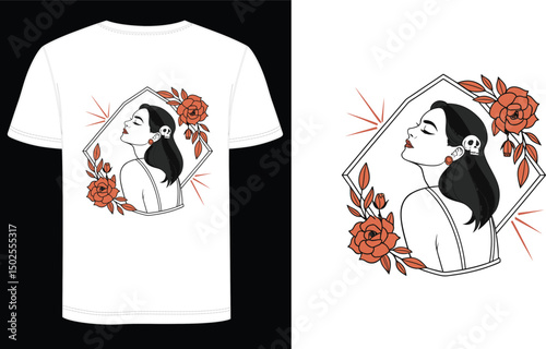 Minimalist Floral Woman T-Shirt  Elegant Line Art Portrait with Red Roses Aesthetic Feminine Graphic Tee
