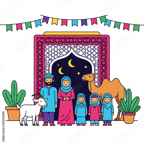 Happy Muslim family celebrates Eid al-Adha with mosque, camel, sheep, cow, and goat; vibrant flat design banner with islamic and arabic themes