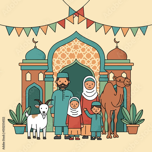 Happy Muslim family celebrates Eid al-Adha with mosque, camel, sheep, cow, and goat; vibrant flat design banner with islamic and arabic themes
