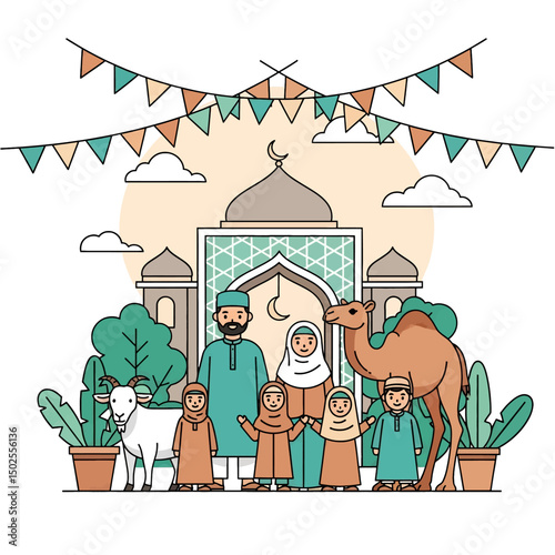 Happy Muslim family celebrates Eid al-Adha with mosque, camel, sheep, cow, and goat; vibrant flat design banner with islamic and arabic themes