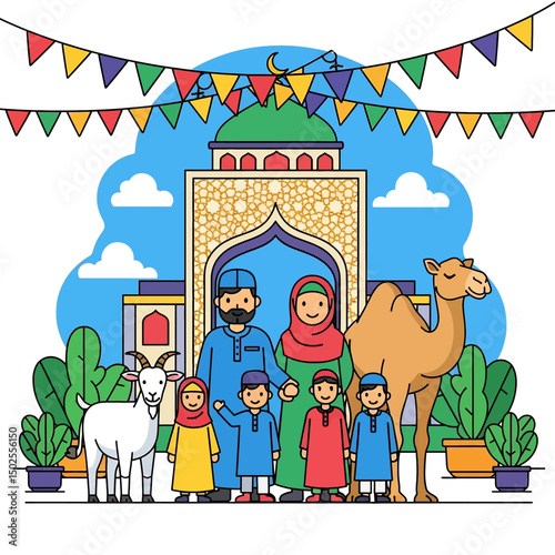Happy Muslim family celebrates Eid al-Adha with mosque, camel, sheep, cow, and goat; vibrant flat design banner with islamic and arabic themes