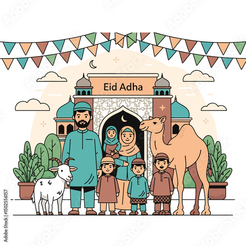 Happy Muslim family celebrates Eid al-Adha with mosque, camel, sheep, cow, and goat; vibrant flat design banner with islamic and arabic themes