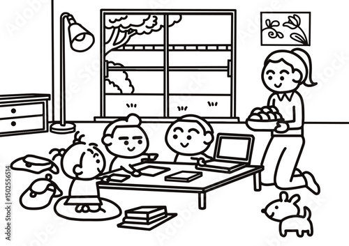 Children are studying together at home