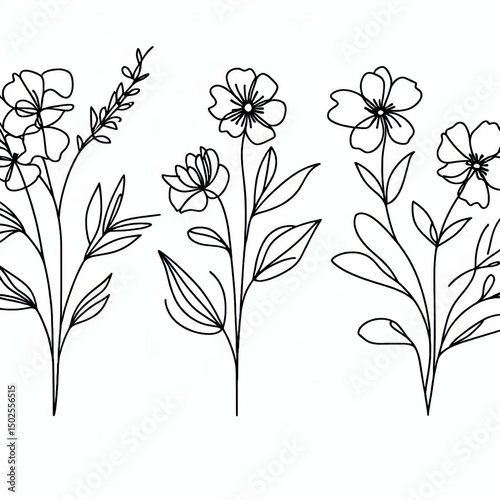 Continuous Line Art Drawing of Wildflowers and Plants