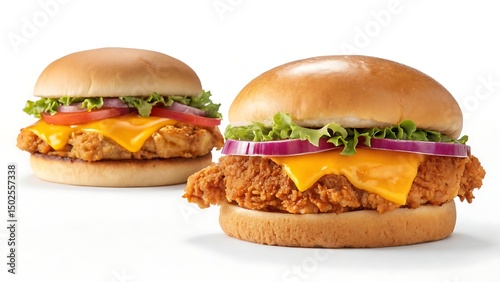 Two delicious crispy chicken sandwiches with cheese, lettuce, onion, and tomato on a white background