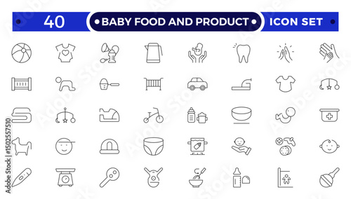 Baby Food and Product outline icon. Includes thin line concept, food, element, meal, feed, nutrition, pack, milk. Set of line pictogram.