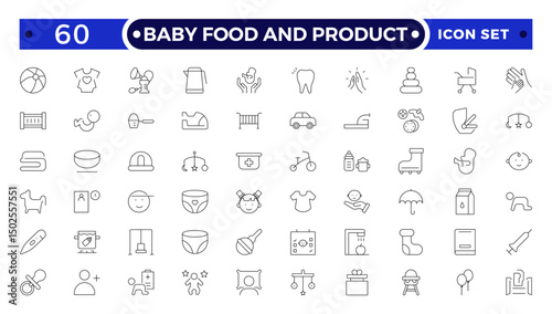 Baby Food and Product outline icon. Includes thin line concept, food, element, meal, feed, nutrition, pack, milk. Set of line pictogram.