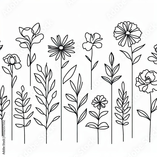 Continuous Line Art Drawing of Wildflowers and Plants