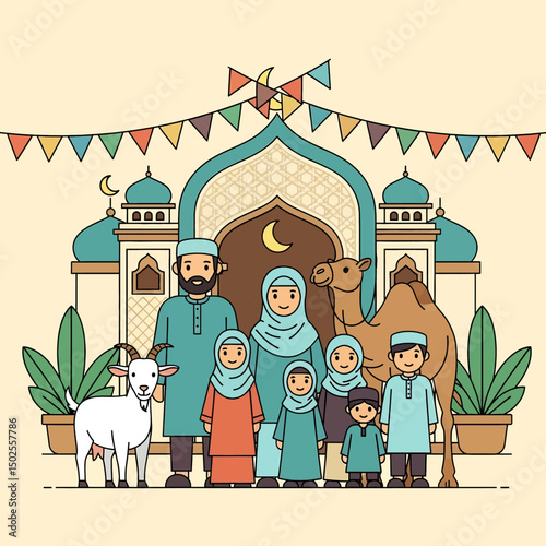 Happy Muslim family celebrates Eid al-Adha with mosque, camel, sheep, cow, and goat; vibrant flat design banner with islamic and arabic themes