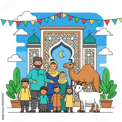 Happy Muslim family celebrates Eid al-Adha with mosque, camel, sheep, cow, and goat; vibrant flat design banner with islamic and arabic themes