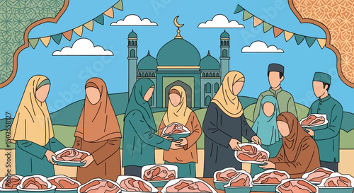 Happy Muslim family celebrates Eid al-Adha with mosque, camel, sheep, cow, and goat; vibrant flat design banner with islamic and arabic themes