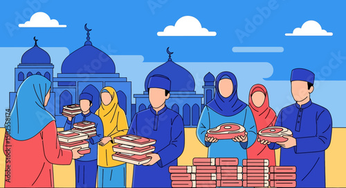 Happy Muslim family celebrates Eid al-Adha with mosque, camel, sheep, cow, and goat; vibrant flat design banner with islamic and arabic themes