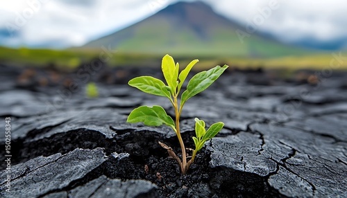 Resilient Green Plant Sprouting from Black Volcanic Rock Field