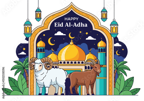 Happy Muslim family celebrates Eid al-Adha with mosque, camel, sheep, cow, and goat; vibrant flat design banner with islamic and arabic themes