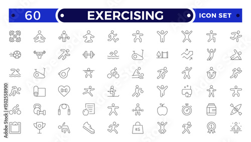 Exercising outline icons related to wellness, wellbeing, mental health, healthcare, cosmetics, spa, medical, massage, yoga, spa, relaxation, exercise, diet. Wellness icon set.