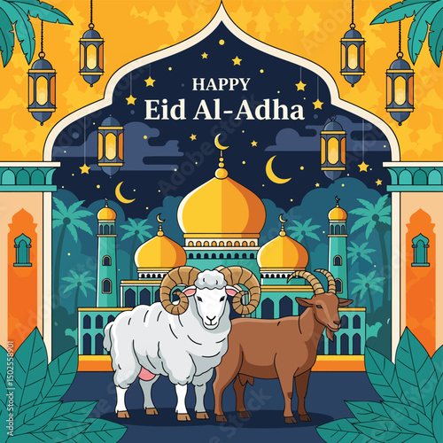Happy Muslim family celebrates Eid al-Adha with mosque, camel, sheep, cow, and goat; vibrant flat design banner with islamic and arabic themes