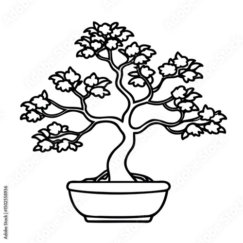 Bonsai tree vector illustration depicting a miniature plant in a pot with delicate branches and leaves, a symbol of nature's elegant design