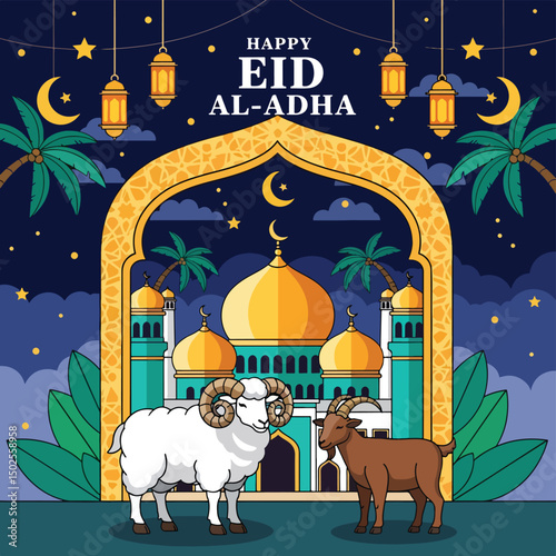 Happy Muslim family celebrates Eid al-Adha with mosque, camel, sheep, cow, and goat; vibrant flat design banner with islamic and arabic themes