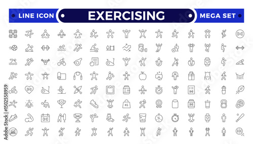 Exercising outline icons related to wellness, wellbeing, mental health, healthcare, cosmetics, spa, medical, massage, yoga, spa, relaxation, exercise, diet. Wellness icon set.