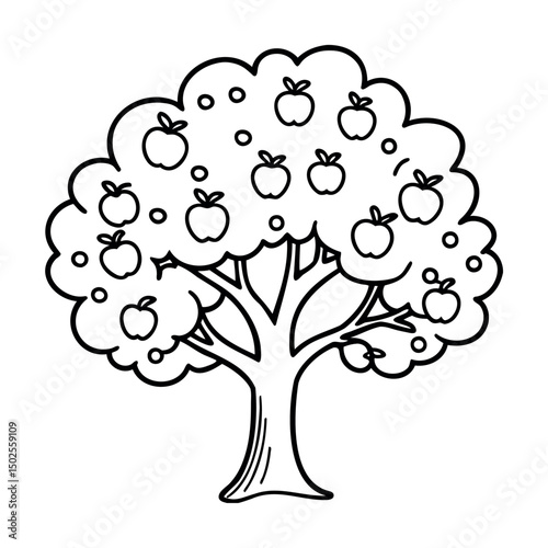 Line art vector of an apple tree with rounded foliage and small fruit details. Clean, minimalist design featuring simple lines, ideal for botanical illustrations and nature-themed projects.
