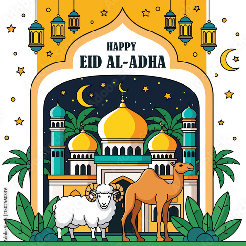 Happy Muslim family celebrates Eid al-Adha with mosque, camel, sheep, cow, and goat; vibrant flat design banner with islamic and arabic themes