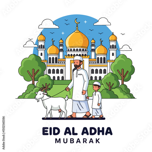 Happy Muslim family celebrates Eid al-Adha with mosque, camel, sheep, cow, and goat; vibrant flat design banner with islamic and arabic themes