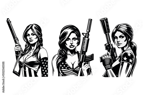 Silhouette of  American women running with a gun.