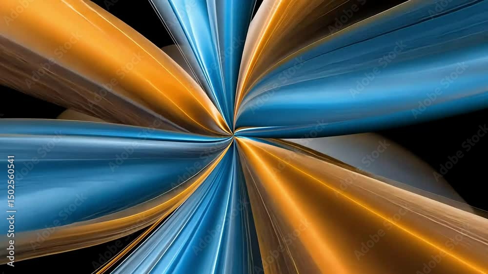 Abstract image with blue and gold radiating lines converging at a central point on a black background