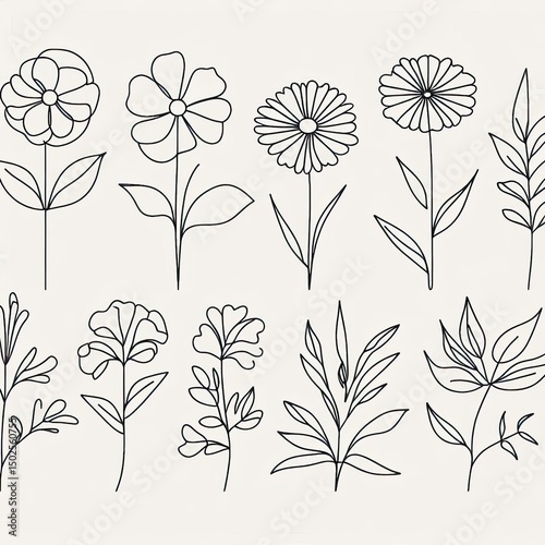 Continuous Line Art Drawing of Wildflowers and Plants