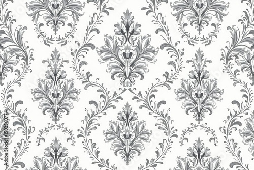 Classic damask pattern with swirling leaves and vines in grey and white , pattern, surface