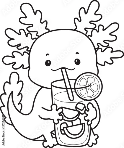 Outline of Illustration of cute axolotl activities icon.
Lineart of Funny pink axolotl in daily routine stickers.
