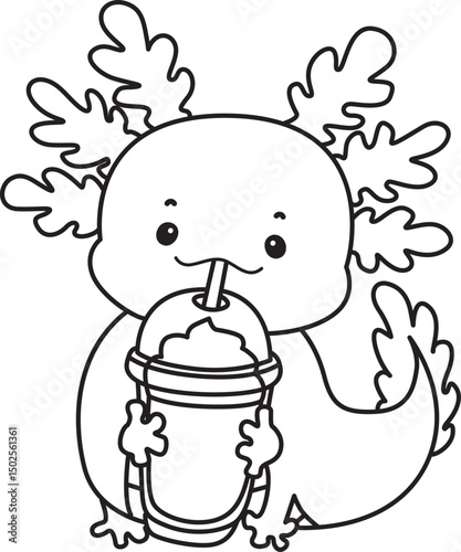 Outline of Illustration of cute axolotl activities icon.
Lineart of Funny pink axolotl in daily routine stickers.

