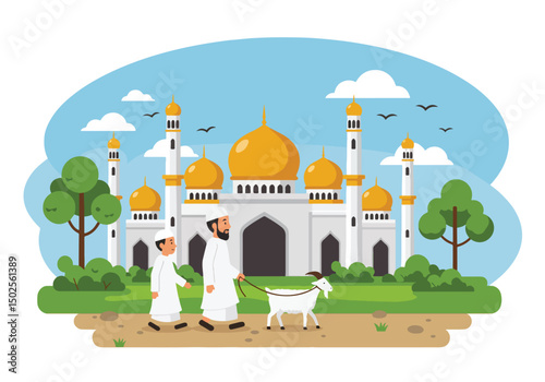 Happy Muslim family celebrates Eid al-Adha with mosque, camel, sheep, cow, and goat; vibrant flat design banner with islamic and arabic themes