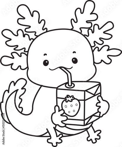 Outline of Illustration of cute axolotl activities icon.
Lineart of Funny pink axolotl in daily routine stickers.
