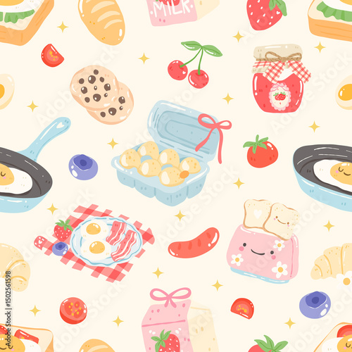 Cozy Breakfast Seamless Pattern, Kawaii Food, Sweet Morning Clipart