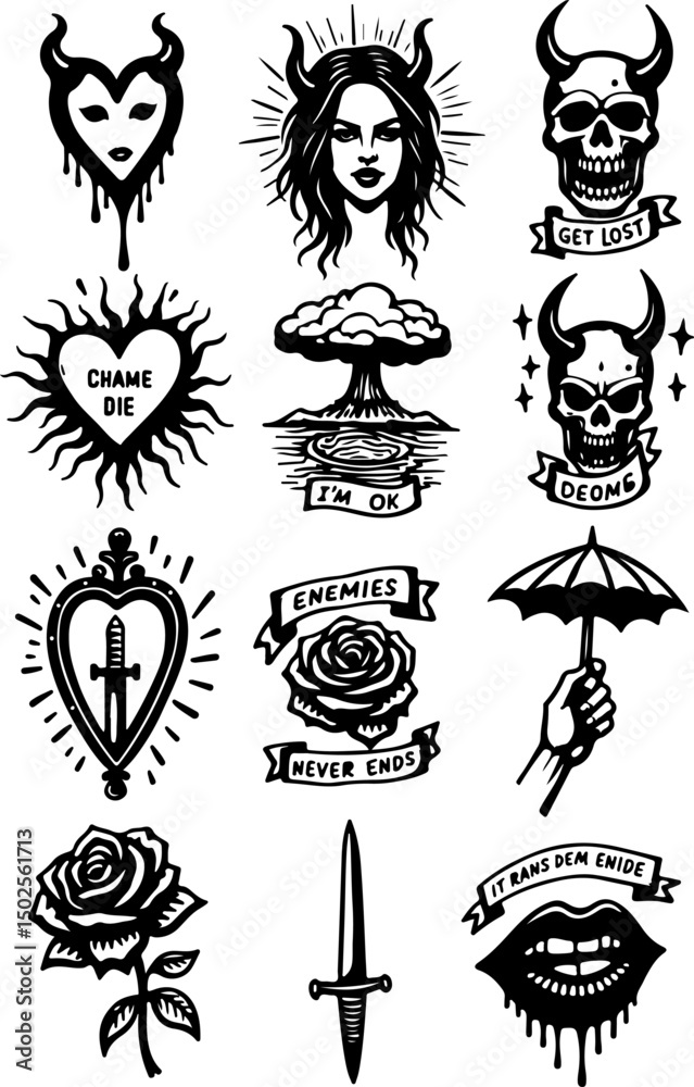 Naklejka premium Dark Aesthetic skull Tattoo Designs vector