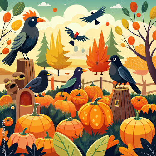 Autumn scene featuring crows in a pumpkin patch on a white background. Seasonal, rustic, and perfect for fall-themed designs.