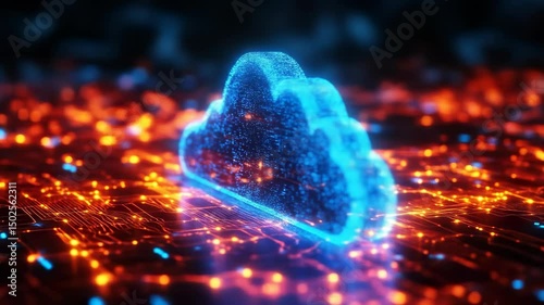 Wallpaper Mural Futuristic cloud computing technology with glowing digital cloud icon and orange blue circuit network background Torontodigital.ca