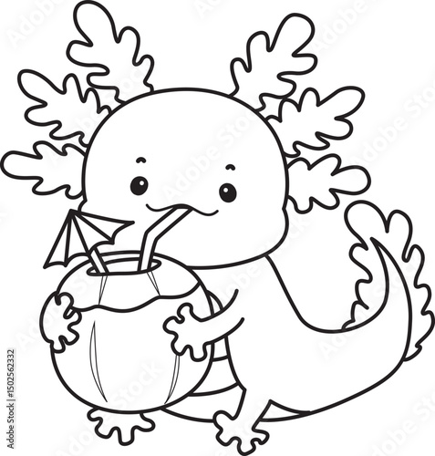 Outline of Illustration of cute axolotl activities icon.
Lineart of Funny pink axolotl in daily routine stickers.
