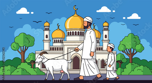 Happy Muslim family celebrates Eid al-Adha with mosque, camel, sheep, cow, and goat; vibrant flat design banner with islamic and arabic themes