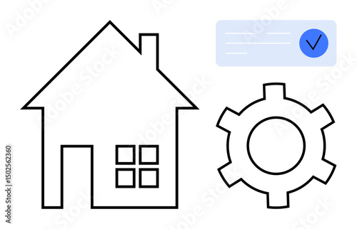Abstract house outline, gear, and verified document icon representing settings, maintenance, workflow, approval, management, business operations, and clean simple landing page