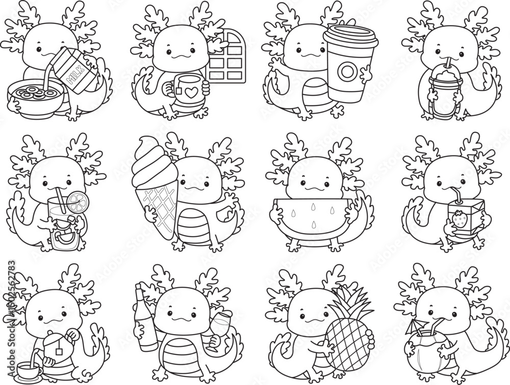 Fototapeta premium Outline of Illustration of cute axolotl activities icon. Lineart of Funny pink axolotl in daily routine stickers. 