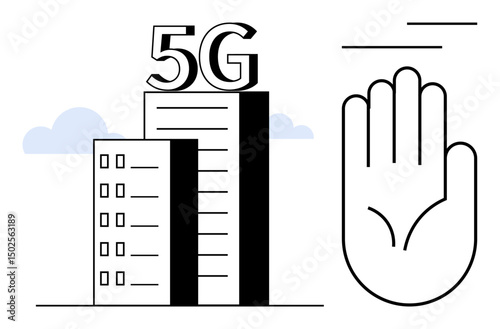 Skyscrapers featuring large 5G on top beside a hand blocking signals, clouds in background. Ideal for technology, communication, privacy, blockage, connectivity, innovation modern tech. Flat simple